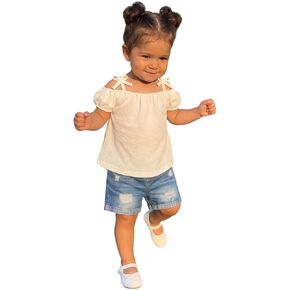 Emmababy Western Baby Girl Clothes Cow Print Shirt Off Shoulder Smocked Top and Jeans Shorts Cowgirl Outfit Toddler Denim Set in Saudi Arabia