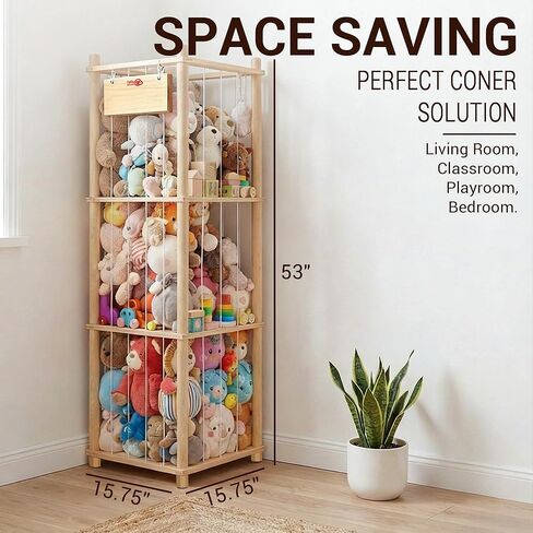 KiddoCood Kids CPC & TIC Certified Stuffed Animal Storage - 3-Tier Natural Solid Wood Plush Toy Organizer & Holder, Corner Solution for Playroom & Nursery, BPA-Free & Zero Glue in Kuwait
