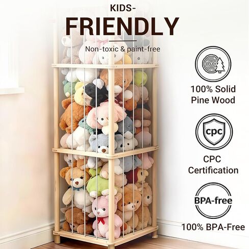 KiddoCood Kids CPC & TIC Certified Stuffed Animal Storage - 3-Tier Natural Solid Wood Plush Toy Organizer & Holder, Corner Solution for Playroom & Nursery, BPA-Free & Zero Glue in Kuwait