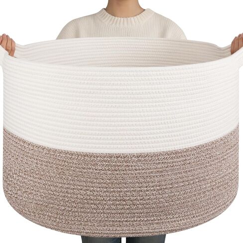 OIAHOMY 90L XXXLarge سلة بطانية لغرفة المعيشة، 21.7 "× 13.8" سلة غسيل من الحبال القطنية المنسوجة لتنظيم الوسائد، صندوق تخزين ألعاب الحيوانات المحشوة المزخرفة للحضانة، أبيض وكتان بني in Kuwait