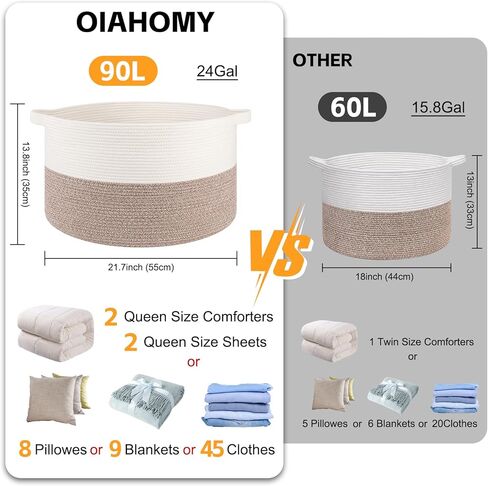 OIAHOMY 90L XXXLarge سلة بطانية لغرفة المعيشة، 21.7 "× 13.8" سلة غسيل من الحبال القطنية المنسوجة لتنظيم الوسائد، صندوق تخزين ألعاب الحيوانات المحشوة المزخرفة للحضانة، أبيض وكتان بني in Kuwait