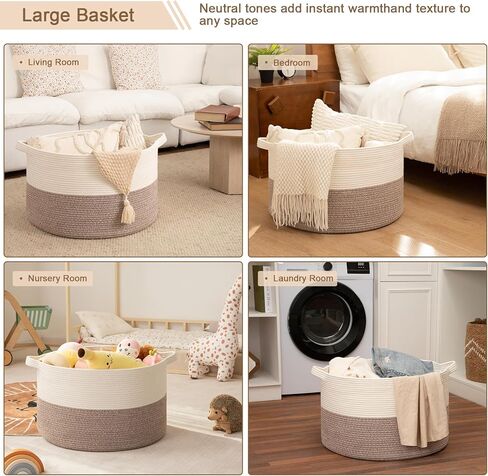 OIAHOMY 90L XXXLarge سلة بطانية لغرفة المعيشة، 21.7 "× 13.8" سلة غسيل من الحبال القطنية المنسوجة لتنظيم الوسائد، صندوق تخزين ألعاب الحيوانات المحشوة المزخرفة للحضانة، أبيض وكتان بني in Kuwait