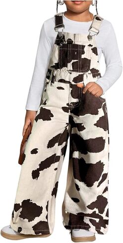 WDIRARA Toddler Girl's Cow Print Denim Overalls Cute Sleeveless Wide Leg Baggy Jean Jumpsuit in Kuwait