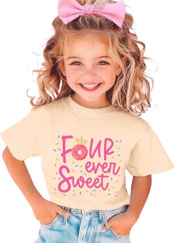 Girls Birthday Shirts 4th Four Ever Sweet T-Shirts Crown Donut Birthday Outfit 4 Years Old Tees B-Day Party Tops in Saudi Arabia