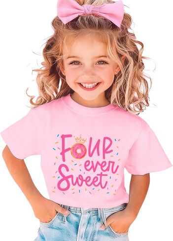 Girls Birthday Shirts 4th Four Ever Sweet T-Shirts Crown Donut Birthday Outfit 4 Years Old Tees B-Day Party Tops in Saudi Arabia