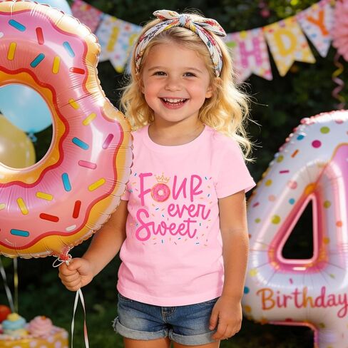 Girls Birthday Shirts 4th Four Ever Sweet T-Shirts Crown Donut Birthday Outfit 4 Years Old Tees B-Day Party Tops in Saudi Arabia