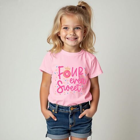 Girls Birthday Shirts 4th Four Ever Sweet T-Shirts Crown Donut Birthday Outfit 4 Years Old Tees B-Day Party Tops in Saudi Arabia