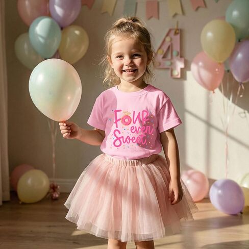 Girls Birthday Shirts 4th Four Ever Sweet T-Shirts Crown Donut Birthday Outfit 4 Years Old Tees B-Day Party Tops in Saudi Arabia