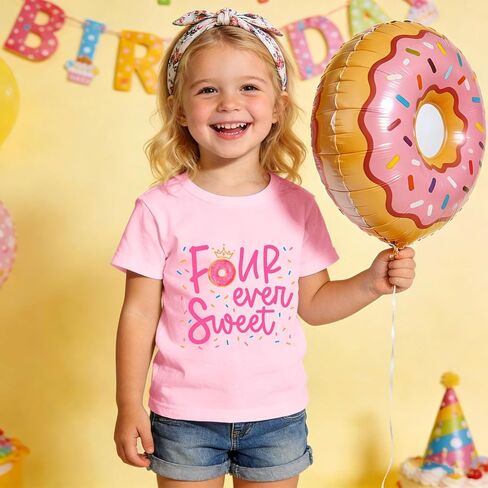 Girls Birthday Shirts 4th Four Ever Sweet T-Shirts Crown Donut Birthday Outfit 4 Years Old Tees B-Day Party Tops in Saudi Arabia
