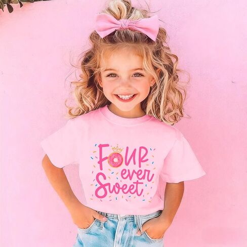 Girls Birthday Shirts 4th Four Ever Sweet T-Shirts Crown Donut Birthday Outfit 4 Years Old Tees B-Day Party Tops in Saudi Arabia