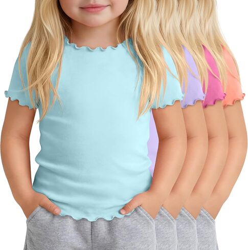 Oakgarden 4 Pack Toddler Girls' Short Sleeve Shirts Lettuce Trim Fitted Crew Neck Tops Kids Basic Cute Tees 18M-5T in Kuwait