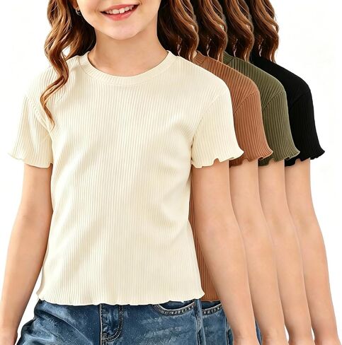 4 Pack Toddler Girls Ribbed Short Sleeve T-Shirts Lettuce Hem Crewneck Slim Fit Basic Tees Undershirt for Baby 18M-6T in Kuwait