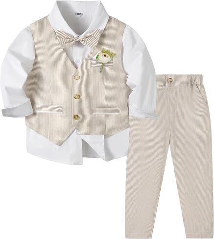 Volunboy Baby Boys Seersucker Suits Summer Beach Formal Wedding Ring Bearer Toddler Gentleman Vest Bowtie Striped Pants Set in Kuwait