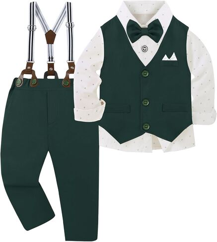 Toddler Boy Suit 12M-7T Boys Wedding Formal Outfits Long Sleeves Shirt+Bowtie+Vest+Suspender Pants Baby Clothes Sets in Saudi Arabia