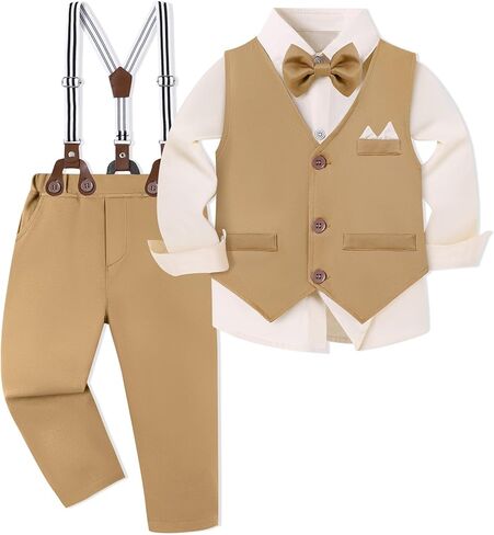 Toddler Boy Suit 12M-7T Boys Wedding Formal Outfits Long Sleeves Shirt+Bowtie+Vest+Suspender Pants Baby Clothes Sets in Saudi Arabia