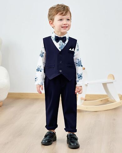 Toddler Boy Suit 12M-7T Boys Wedding Formal Outfits Long Sleeves Shirt+Bowtie+Vest+Suspender Pants Baby Clothes Sets in Saudi Arabia
