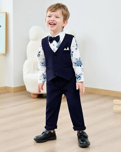 Toddler Boy Suit 12M-7T Boys Wedding Formal Outfits Long Sleeves Shirt+Bowtie+Vest+Suspender Pants Baby Clothes Sets in Saudi Arabia