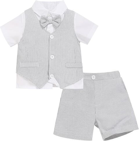 Toddler Boy Gentleman Outfits Short Sleeve Bowtie Shirt+Vest+Shorts Formal Wedding 3Pcs Suit Set in Kuwait