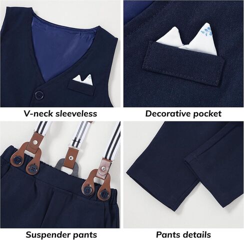 Toddler Boy Suit 12M-7T Boys Wedding Formal Outfits Long Sleeves Shirt+Bowtie+Vest+Suspender Pants Baby Clothes Sets in Saudi Arabia