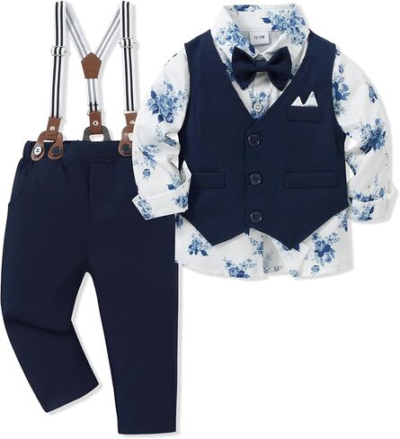 Toddler Boy Suit 12M-7T Boys Wedding Formal Outfits Long Sleeves Shirt+Bowtie+Vest+Suspender Pants Baby Clothes Sets in Saudi Arabia