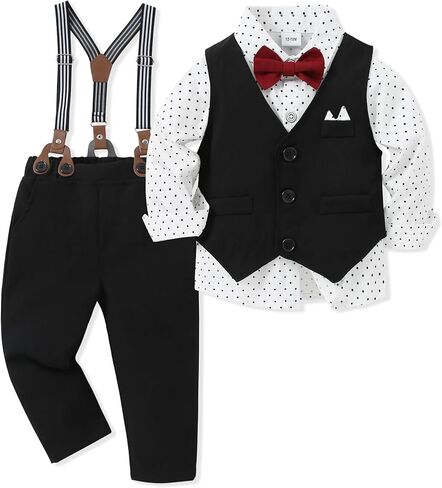 Toddler Boy Suit 12M-7T Boys Wedding Formal Outfits Long Sleeves Shirt+Bowtie+Vest+Suspender Pants Baby Clothes Sets in Saudi Arabia
