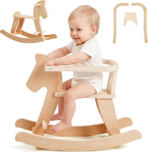 labebe - Wooden Rocking Horse, Baby Wooden Ride On Toys for 12M+, Classic Rocker Toy with Removable Fence, Toddler Riding Toy Indoor/Outdoor, Nursery Birthday Gift (Natural) in Kuwait