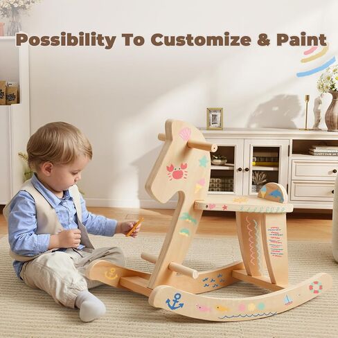 labebe - Wooden Rocking Horse, Baby Wooden Ride On Toys for 12M+, Classic Rocker Toy with Removable Fence, Toddler Riding Toy Indoor/Outdoor, Nursery Birthday Gift (Natural) in Kuwait