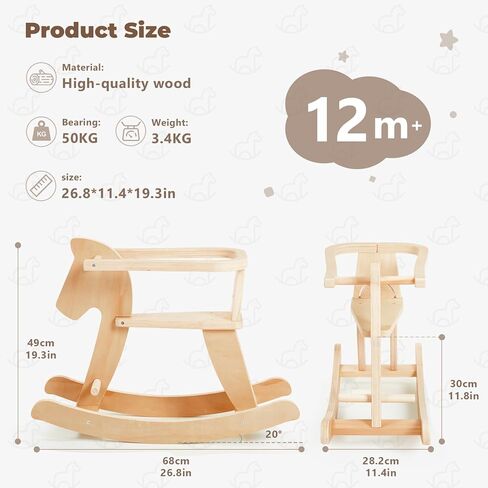 labebe - Wooden Rocking Horse, Baby Wooden Ride On Toys for 12M+, Classic Rocker Toy with Removable Fence, Toddler Riding Toy Indoor/Outdoor, Nursery Birthday Gift (Natural) in Kuwait