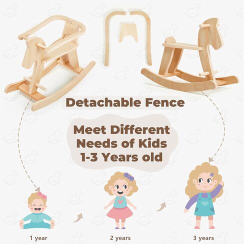labebe - Wooden Rocking Horse, Baby Wooden Ride On Toys for 12M+, Classic Rocker Toy with Removable Fence, Toddler Riding Toy Indoor/Outdoor, Nursery Birthday Gift (Natural) in Kuwait