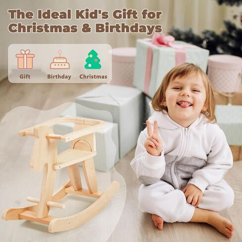 labebe - Wooden Rocking Horse, Baby Wooden Ride On Toys for 12M+, Classic Rocker Toy with Removable Fence, Toddler Riding Toy Indoor/Outdoor, Nursery Birthday Gift (Natural) in Kuwait