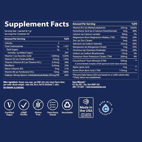 Trace Minerals – Power Pak (Lemon Lime) | Electrolyte Powder Packets with Vitamin C & Zinc | Powerful Hydration, Immune, Stamina & Energy Support with Essential Vitamins & Minerals (30 Packets) in Kuwait