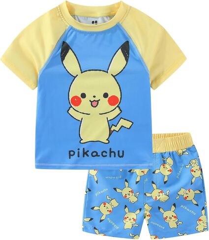 Pokémon Monpoke Pikachu Boys UPF 50+ قميص حماية من الطفح الجلدي وسروال سباحة قصير مجموعة ملابس سباحة للرضع والأطفال الصغار in Kuwait