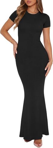 REORIA Women's Summer Casual Lounge Long Dress Elegant Short Sleeve Crew Neck Bodycon Maxi Dresses in Saudi Arabia