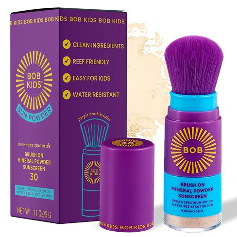 فرشاة BOB KIDS SPF 30 على مسحوق معدني واقي من الشمس، حماية واسعة الطيف، مقاومة للماء لمدة 80 دقيقة، خالية من العطور، سهلة الاستخدام للأطفال والرضع، Mfg في الولايات المتحدة الأمريكية in Kuwait