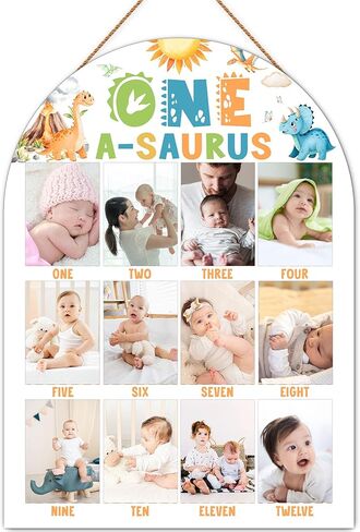 Dinosaur My First Year Photo Board, One a Saurus Birthday Decoration Photo Frame, 12 Monthly Baby Milestone Sign, Dinosaur Nursery Decor for Boy Girl, Gender Neutral Baby Keepsake Gifts-A04 in Kuwait