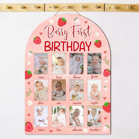 Pink My First Year Photo Board, 12 Months Milestone Berry Baby Display Wood Picture Frame Board Keepsake Birthday Nursery Decor Gift for Boy Girl - A04 in Saudi Arabia