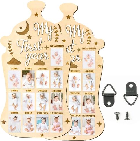 My First Year Photo Board, 2-Pack Wooden Milk Bottle Shape Baby Milestone Frame with 2 Nails Each, 17.3x9.4 Inch in Kuwait
