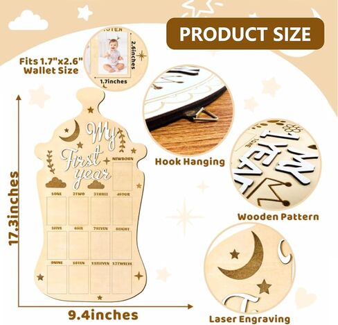 My First Year Photo Board, 2-Pack Wooden Milk Bottle Shape Baby Milestone Frame with 2 Nails Each, 17.3x9.4 Inch in Kuwait