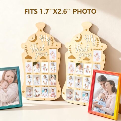 My First Year Photo Board, 2-Pack Wooden Milk Bottle Shape Baby Milestone Frame with 2 Nails Each, 17.3x9.4 Inch in Kuwait