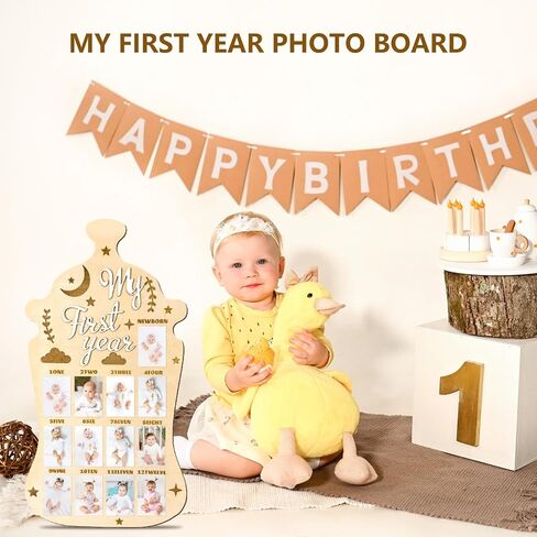 My First Year Photo Board, 2-Pack Wooden Milk Bottle Shape Baby Milestone Frame with 2 Nails Each, 17.3x9.4 Inch in Kuwait
