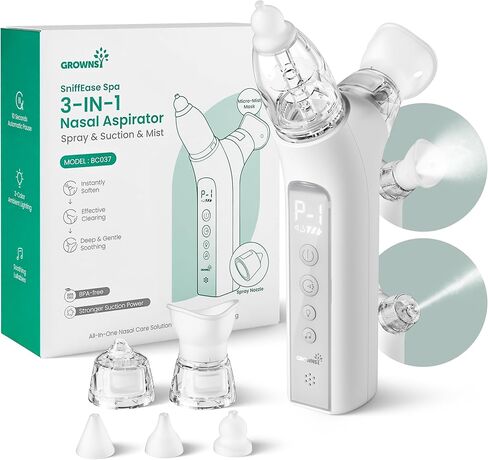GROWNSY SniffEase Spa 3-in-1 Nasal Aspirator for Baby – Spray, Suction & Mist, Hospital-Grade Powerful Electric Nose Suction with Soothing Light & Music, Larger Chamber (Grey) in Kuwait