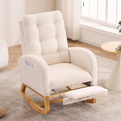Nursery Rocking Chair with Retractable Footrest,Accent Rocker for Relaxing, Side Pocket,A+ Grade Rubber Wood,Suitable for Living Room,Bedroom and Balcony(Teddy Fleece, Beige) in Kuwait