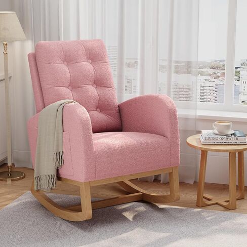GarveeHome Nursery Rocking Chair, Teddy Fleece Upholstery, Sturdy Wooden Legs & High Backrest, Comfortable Glider Rocking Chair for Living Room or Bedroom, White in Kuwait