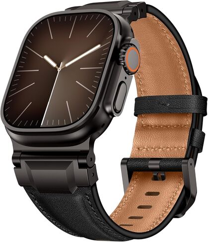 أحزمة جلدية متوافقة مع Apple Watch Ultra 3/2/1 Band 49mm 46mm 45mm 44mm 42mm للرجال، حزام موصل معدني من الجلد الطبيعي لسلسلة iWatch Ultra 11/10/9/8/7/SE/6/5/4/3/2/1، أسود/أسود in Saudi Arabia