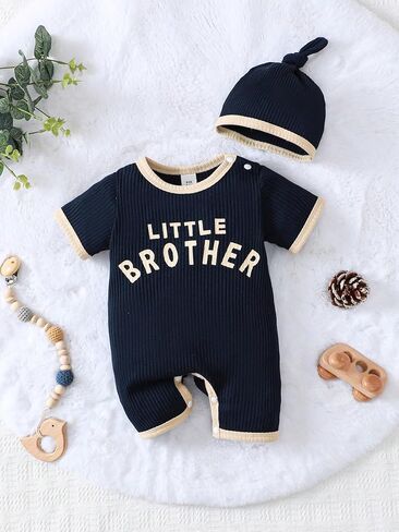 Baby Boy Romper Set Little Brother Ribbed Short Sleeve Romper Matching Knot Hat Snap Closure 2 Piece in Kuwait