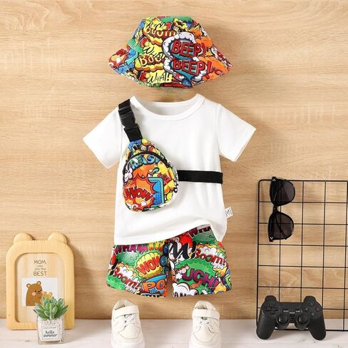 Baby Boy Shorts Set with Hat and Crossbody Bag, Cartoon Print Summer Outfit for Toddler Boys in Kuwait