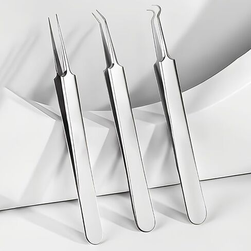 3pcs Precision Tweezers Set, Ultra-Fine Tip Stainless Steel Tweezers, Blackhead Remover, Acne Extraction Tool, Eyebrow Tweezers, Hair & Beard Gripping Tweezers for All Skin Types - Model in Kuwait