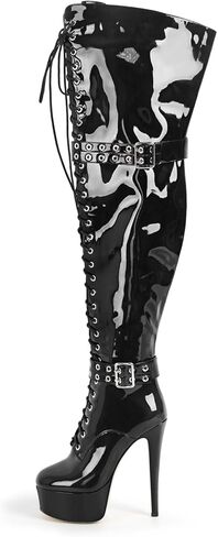 VERISSON Womens Platform High Heel Thigh High Boots Stiletto Heel Wide Calf Over the Knee Boots Round Toe Lace up Zipper with Buckle Patent Leather Dress Punk Shoes in Kuwait