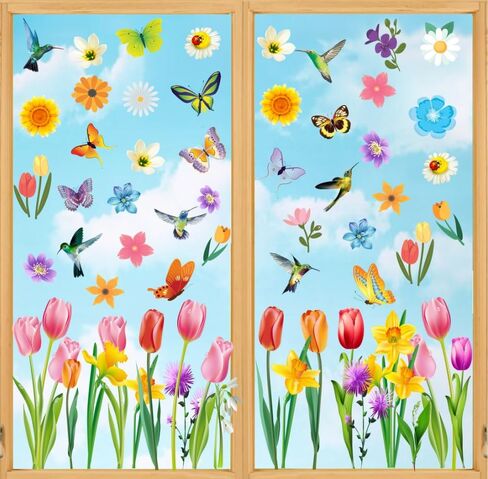 Spring and Summer Glass Window Stickers, Cute Butterfly Bird Flower Stickers Spring Party Window Stickers Home Office School Classroom Decoration 6 Sheets (11.8X11.4 inches) in Kuwait