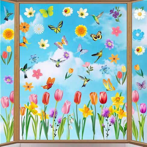 Spring and Summer Glass Window Stickers, Cute Butterfly Bird Flower Stickers Spring Party Window Stickers Home Office School Classroom Decoration 6 Sheets (11.8X11.4 inches) in Kuwait